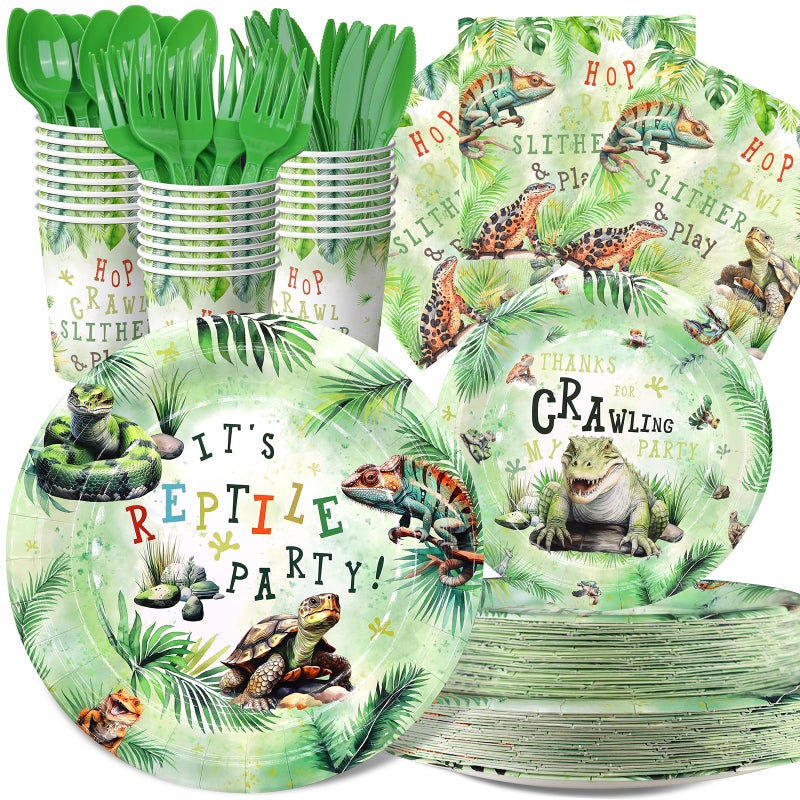 Outego Reptile Party Decorations Set - Unique Reptile Themed Party Plates  Cups  Napkins  and Cutlery for an Exciting Celebration - Disposable and Stylish Reptile Party Supplies for Birthdays and Events - Image 1